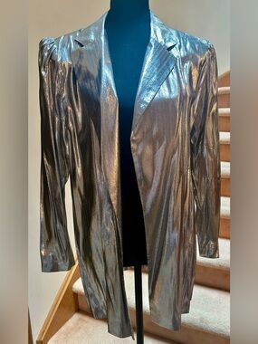 Shimmer Open-Front Metallic Blazer Jacket - Silver, 1980s Disco Vintage
